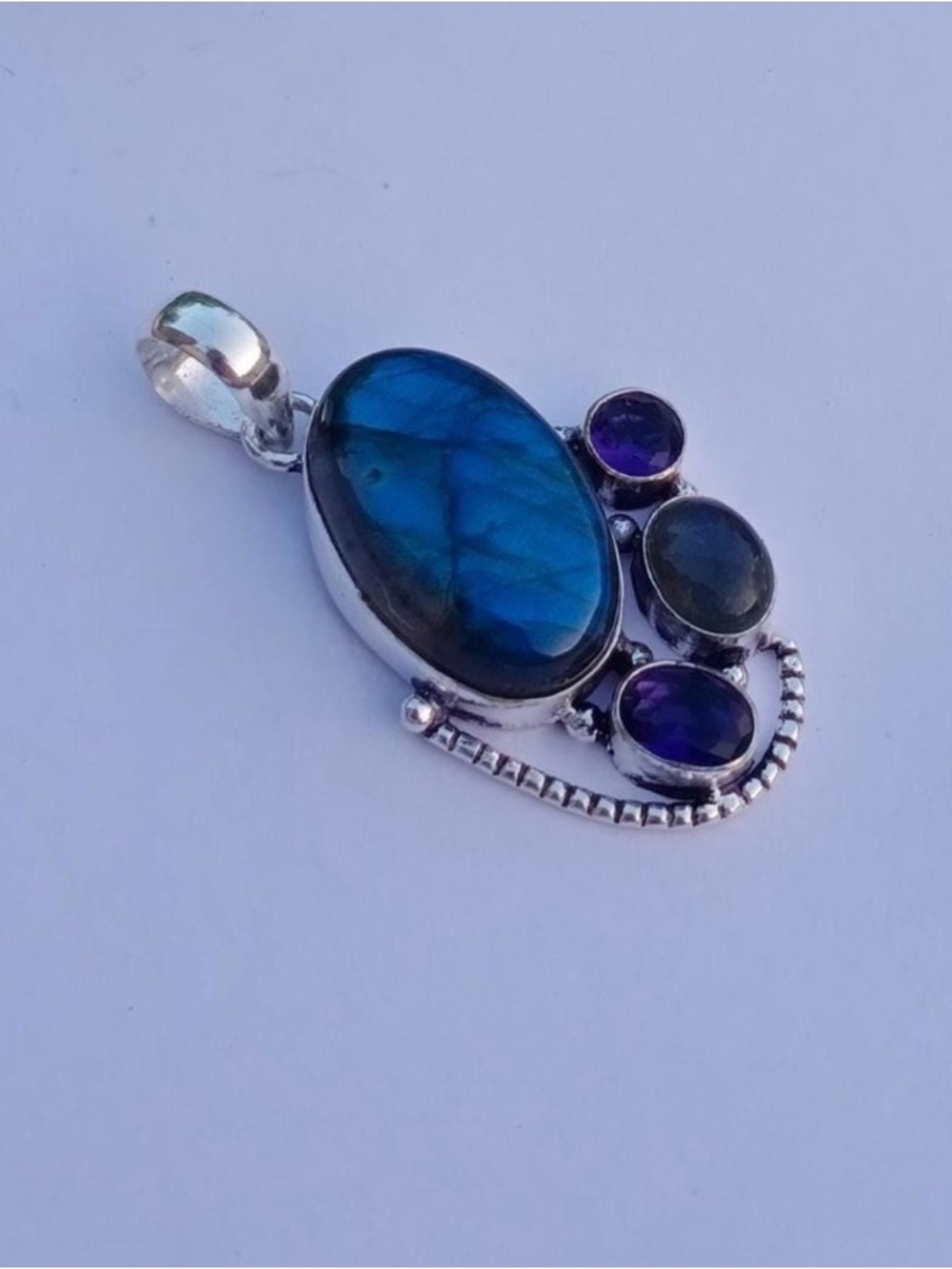 Natural Labradorite & Amethyst Hydro Glass 925 Silver Plated Pendant
